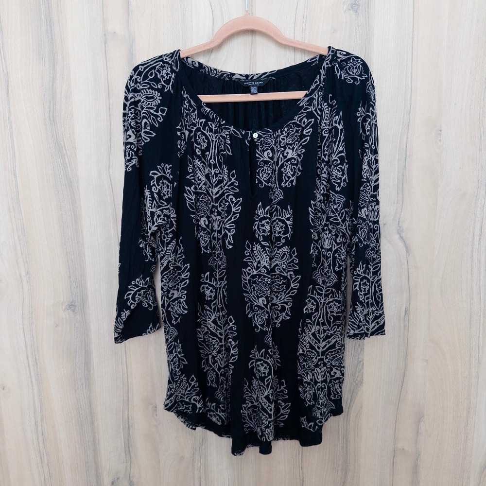 Lucky Brand Womens Floral Top 1X Black 3/4 Sleeve Boho Peasant Lightweight